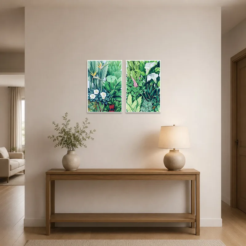 Tropical Elegance Botanical Art Set in an entrance hall over a console table with potted plants.