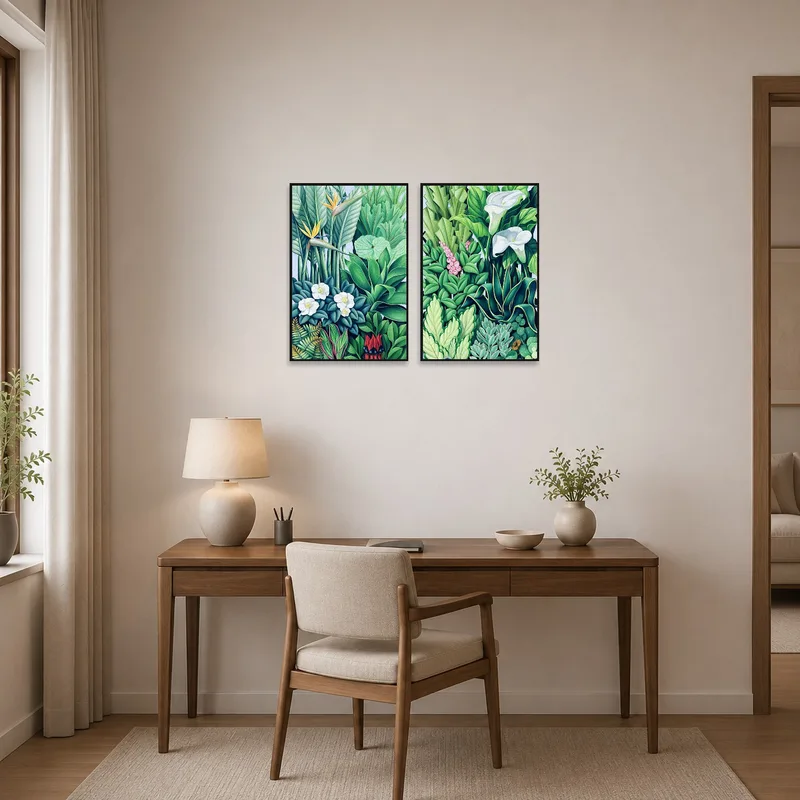Tropical Elegance Botanical Art Set in a home office above a desk with organized shelves.