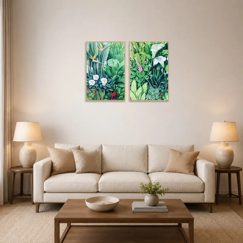 Tropical Elegance Botanical Art Set in a living room above a couch with earthy tones.