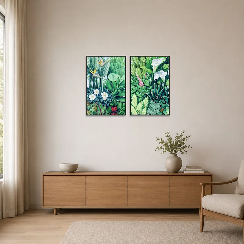 Tropical Elegance Botanical Art Set in a minimalist room with white walls and bamboo furniture.