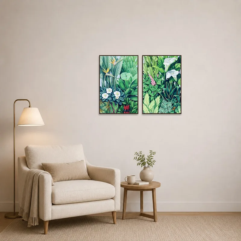 Tropical Elegance Botanical Art Set in a cozy reading corner with a lounge chair and soft lighting.