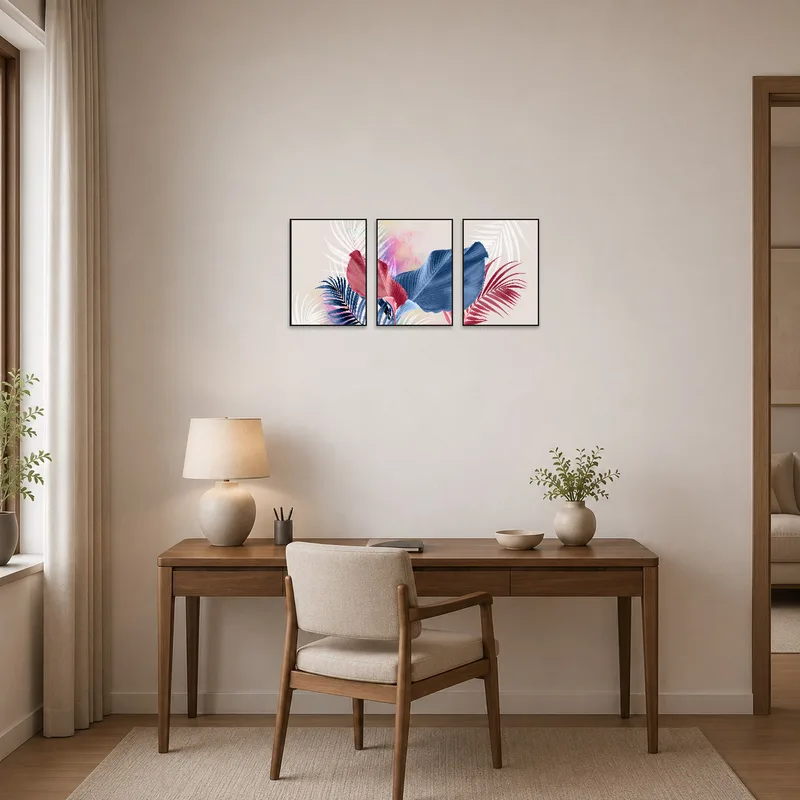 Home office enriched by a botanical triptych set, bringing a touch of tropical nature.