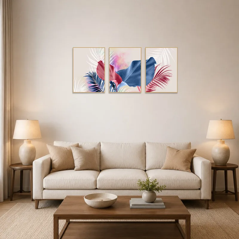 A botanical triptych set adorns a living room wall, adding tropical elegance.