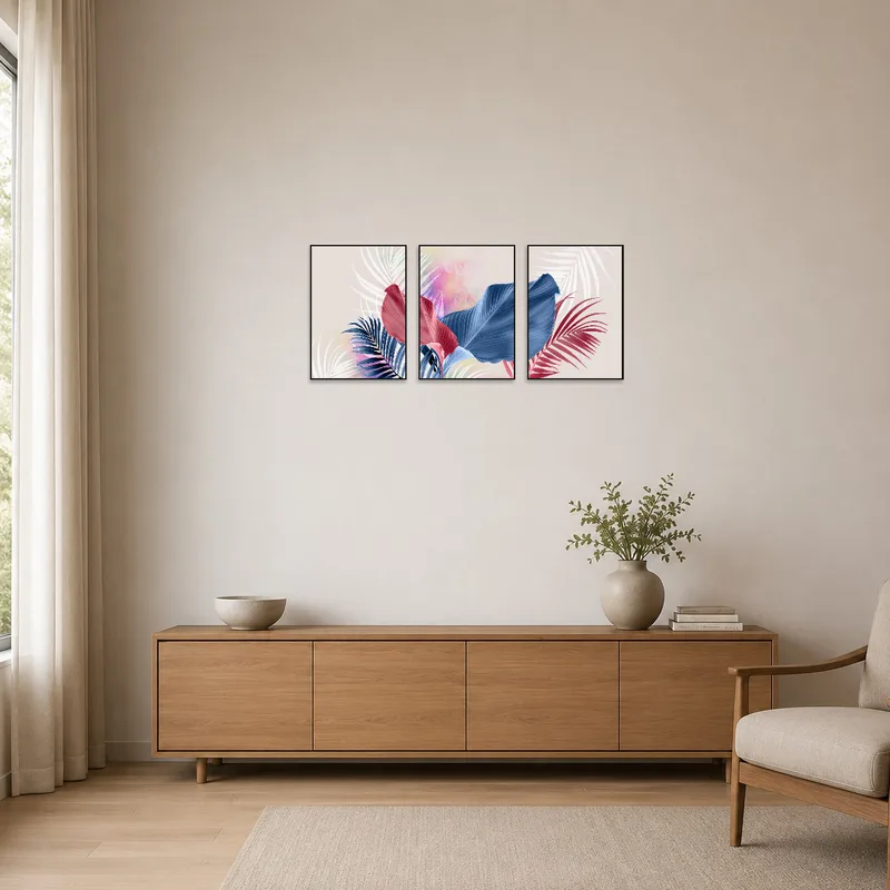 Sleek minimalist room features a botanical triptych set showcasing tropical plants.