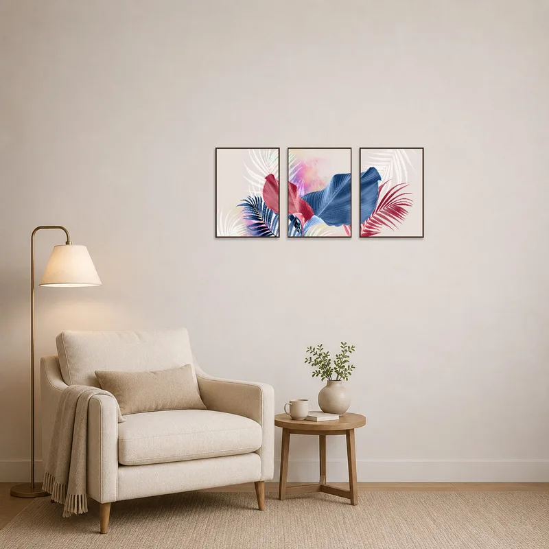A reading corner highlighted by a botanical triptych set for a serene tropical vibe.