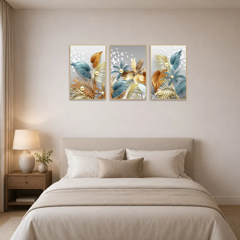 Bedroom with tropical floral triptych creating a peaceful and elegant atmosphere above the bed.