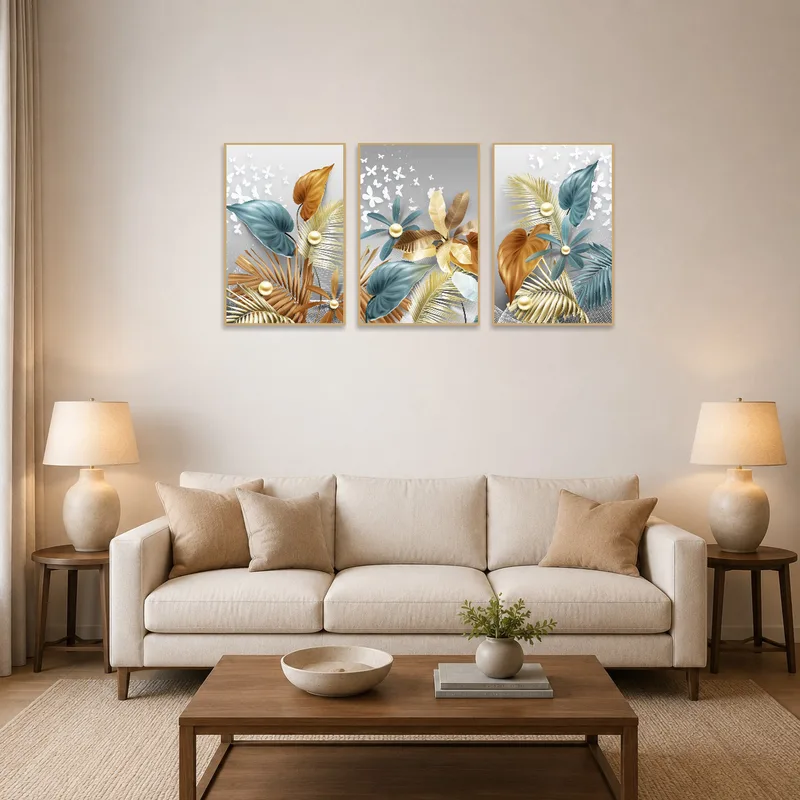 Tropical floral triptych set above a living room sofa, adding vibrant elegance.