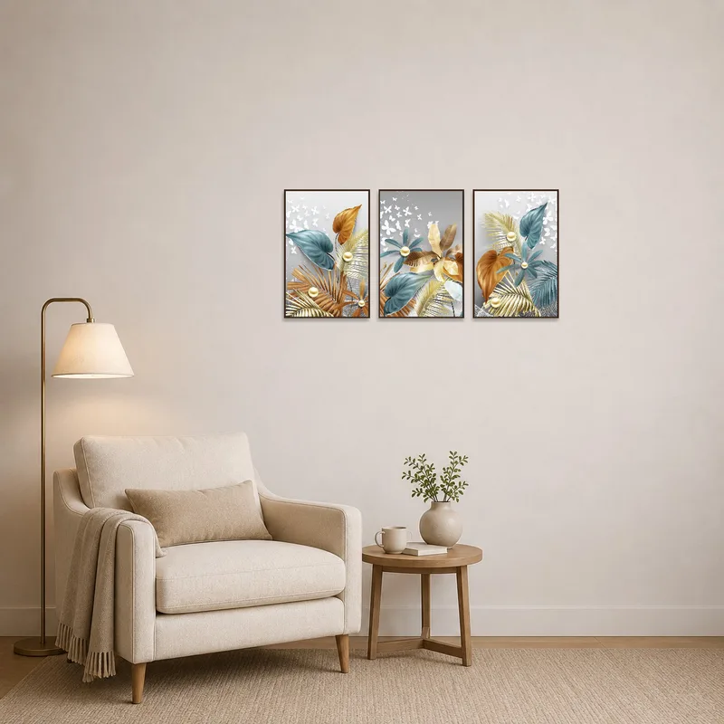 Reading corner adorned with tropical floral triptych, enhancing a calming, elegant ambiance.