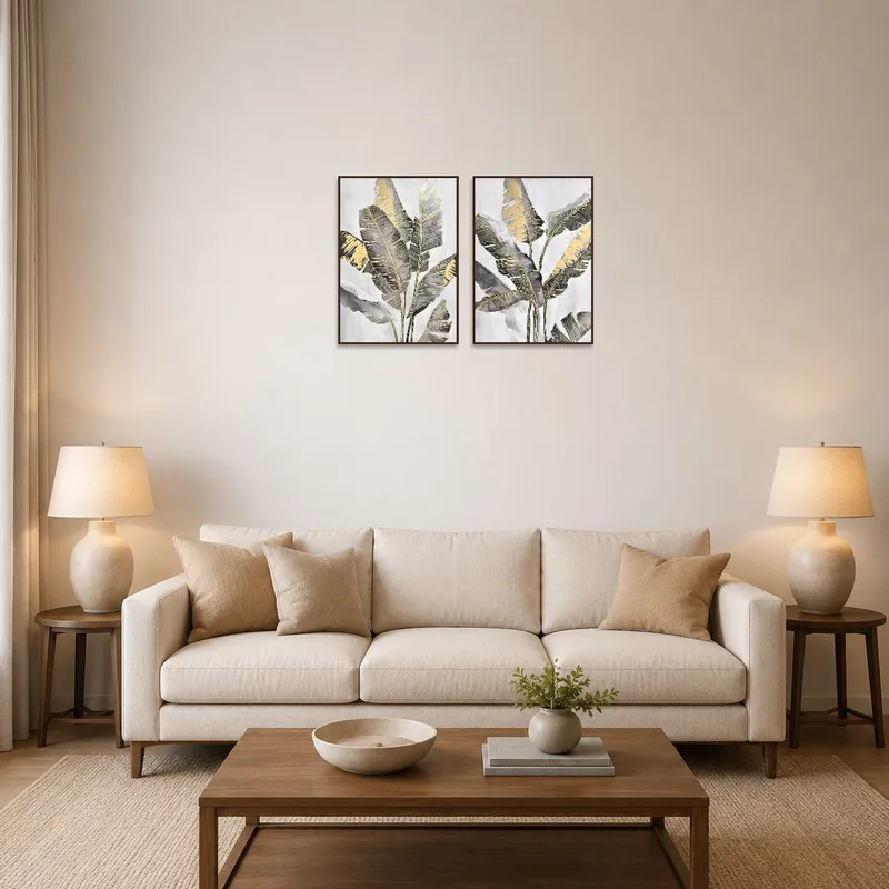 Gold and gray leaf art set on a living room wall adds a touch of tropical elegance.