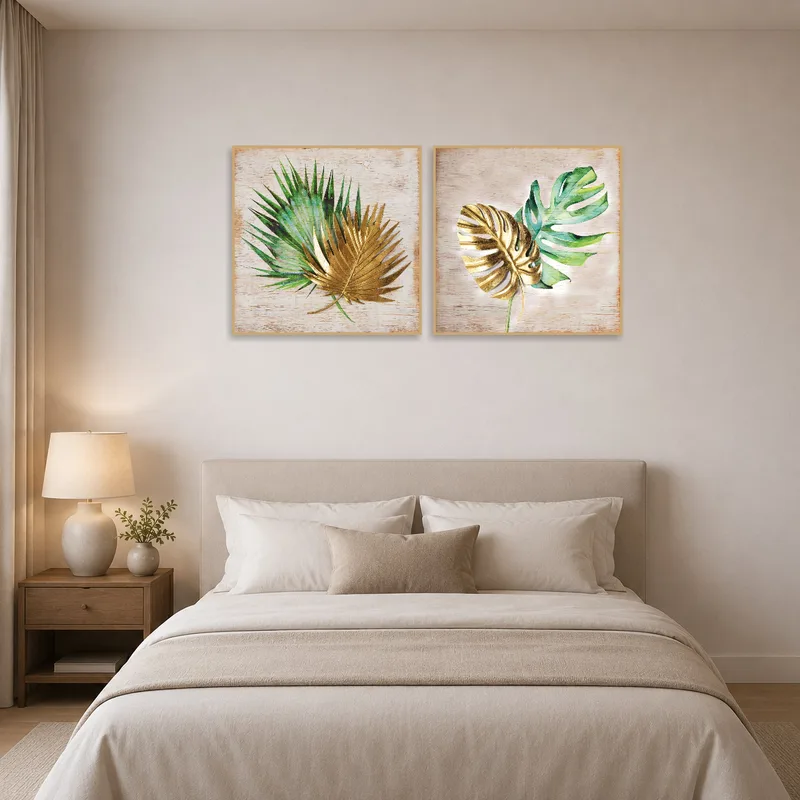 Palm and Monstera Leaves bring a serene, nature-inspired look to the bedroom.