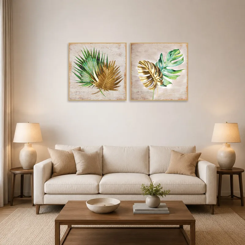 Palm and Monstera Leaves in a bright living room adds a touch of tropical elegance to the space.