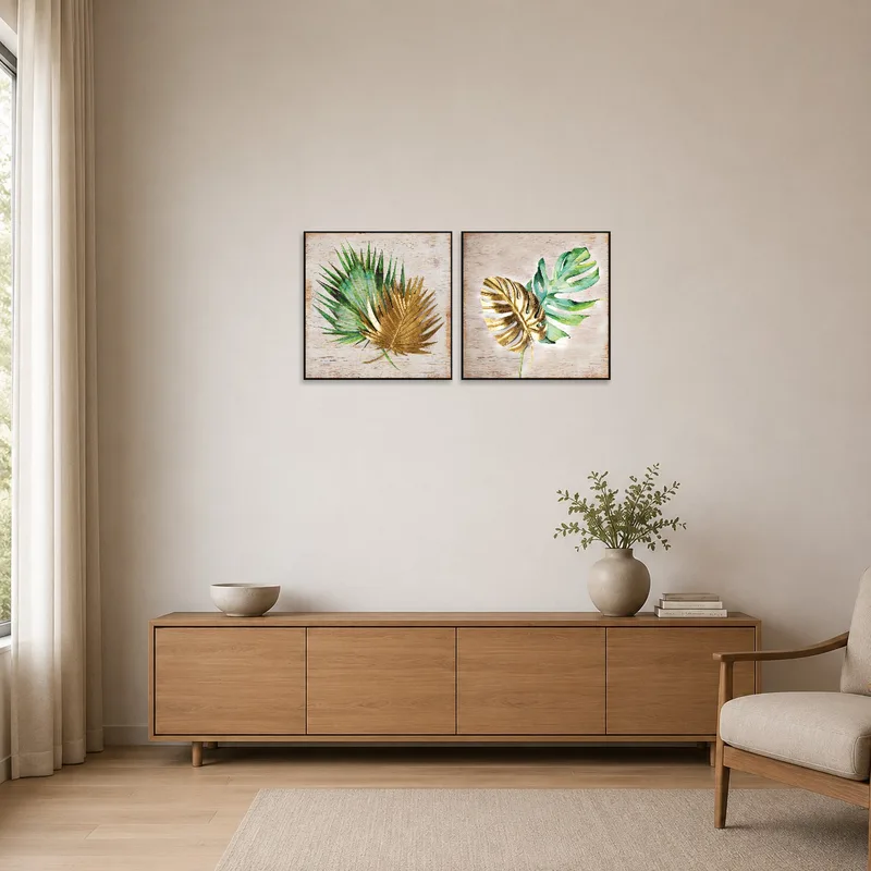 Minimalist room enhanced by the subtle green hues of Palm and Monstera Leaves artwork.