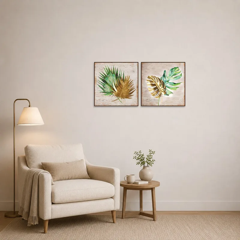 The calming presence of Palm and Monstera Leaves in a cozy reading corner.
