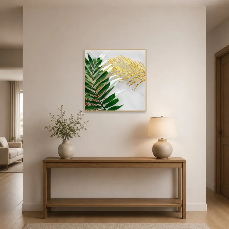 Entrance hall enhanced by artwork of tropical green and gold leaves.