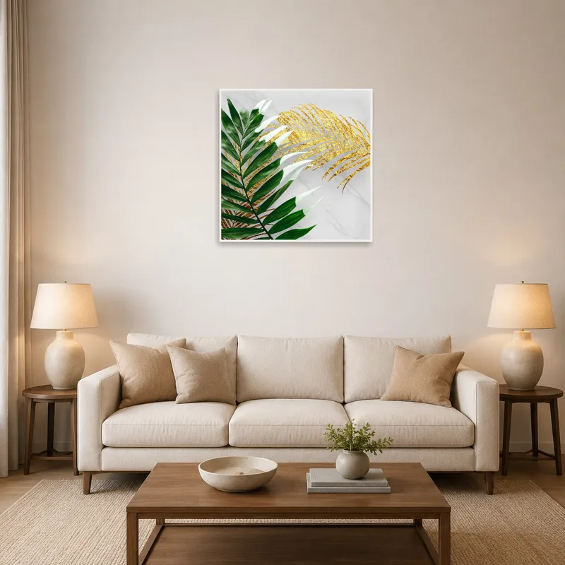 A living room wall featuring art with green and gold tropical leaves.