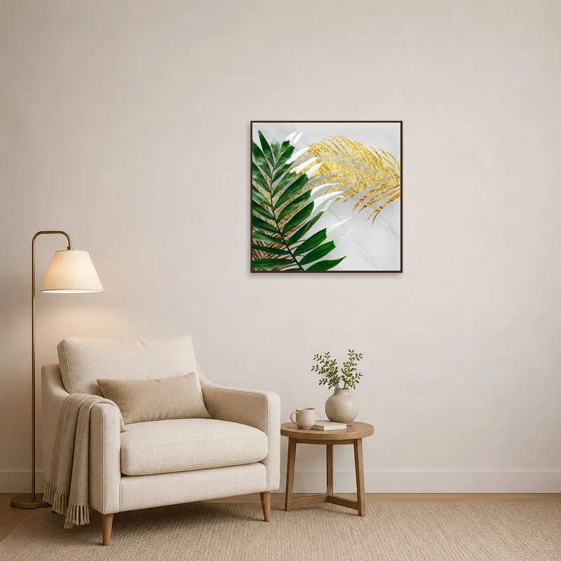 Reading corner highlighted with art of lush green and gold leaves.