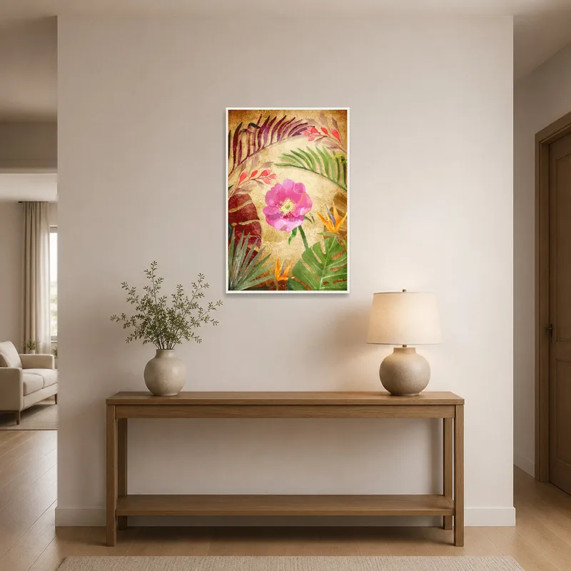 Entrance hall brightened by watercolor florals with pink blossoms.