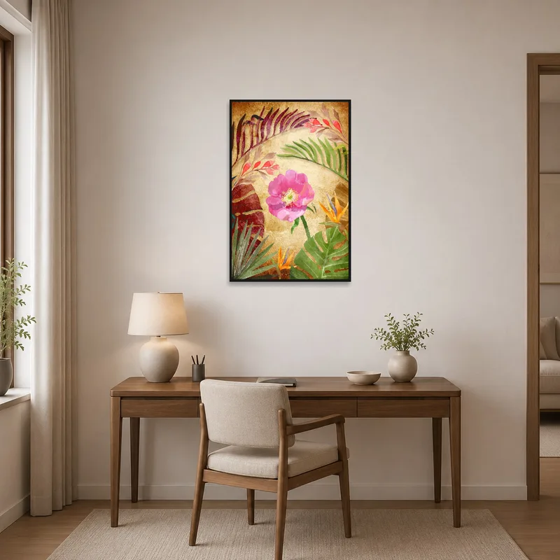 Home office infused with tropical blossom watercolor's lively charm.