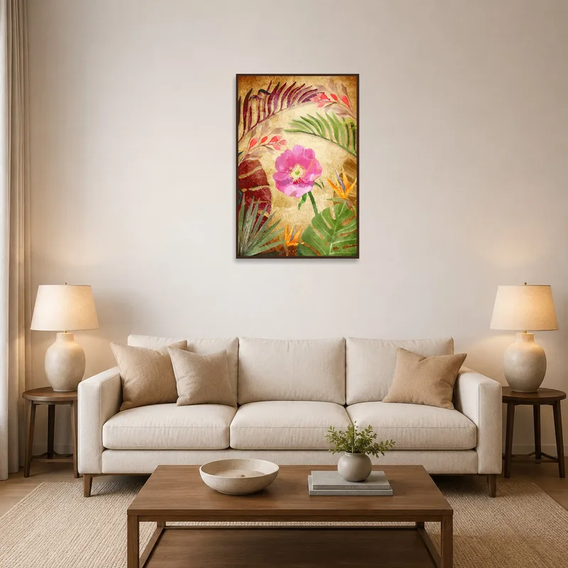 Tropical floral watercolor with pink blossom enhances the living room's serene ambiance.