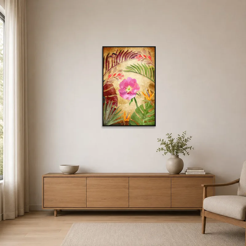 Tropical blooms in watercolor bring subtle elegance to the minimalist space.
