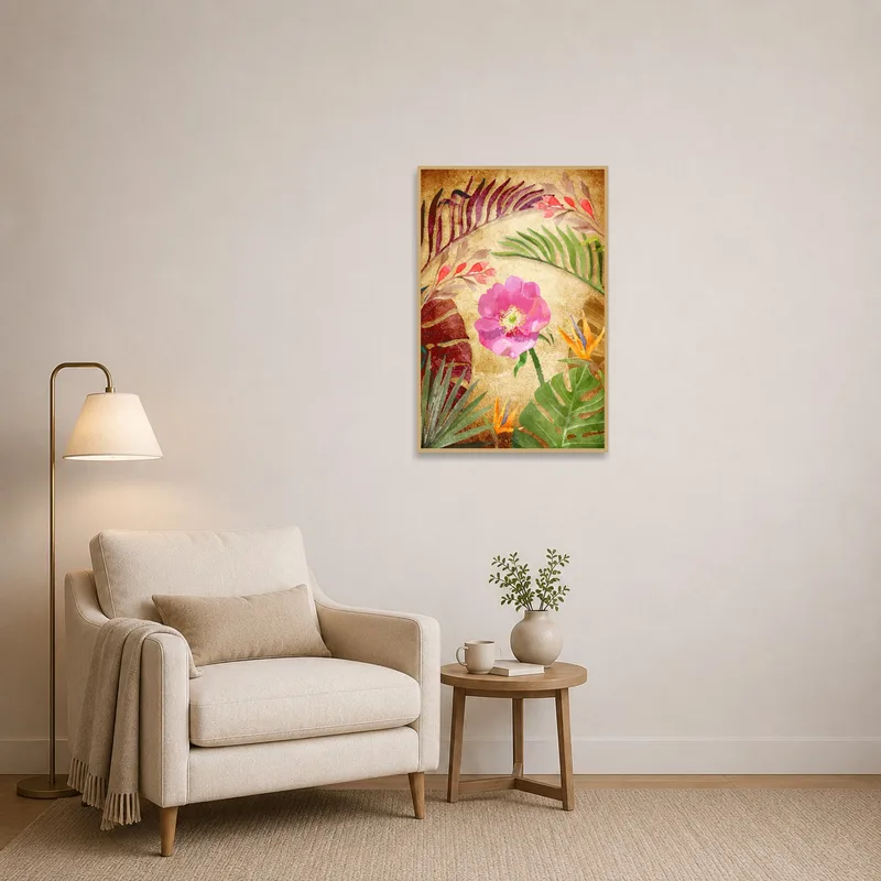 A reading corner adorned with watercolor of tropical pink blossoms.