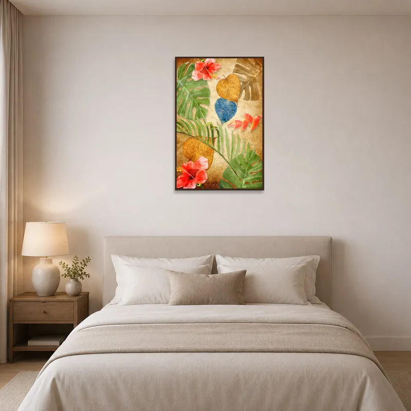 Tropical botanical art adding tranquility to a serene bedroom.