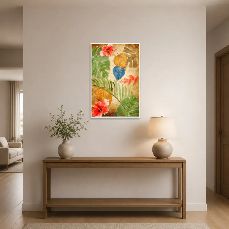 Colorful tropical foliage art welcoming guests in an entrance hall.