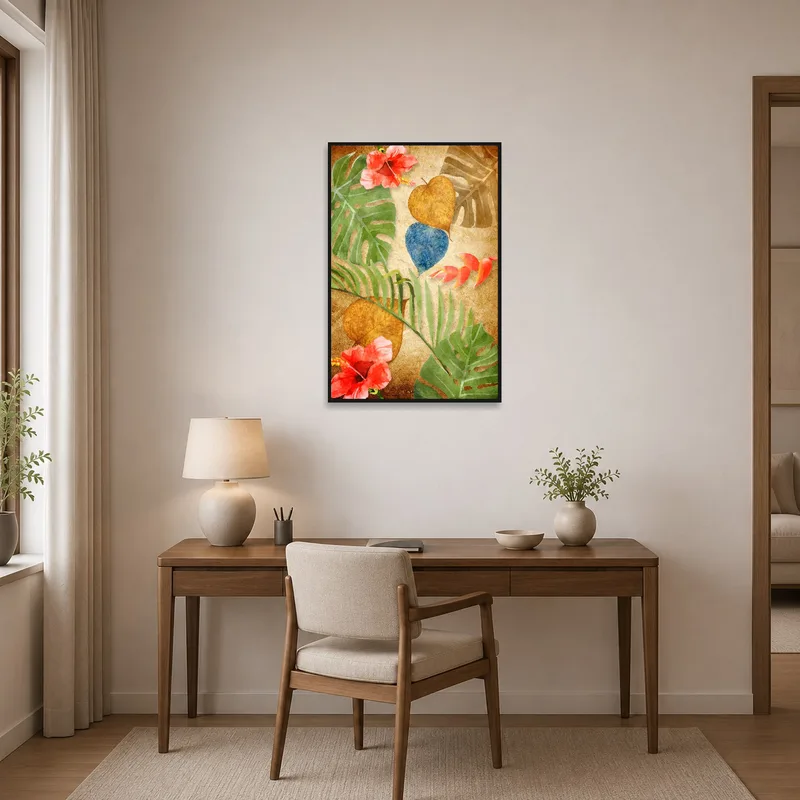 Botanical art piece energizing a productive home office space.