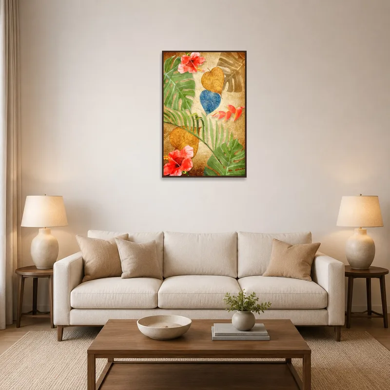 Green and floral botanical art in a cozy living room above a sofa.