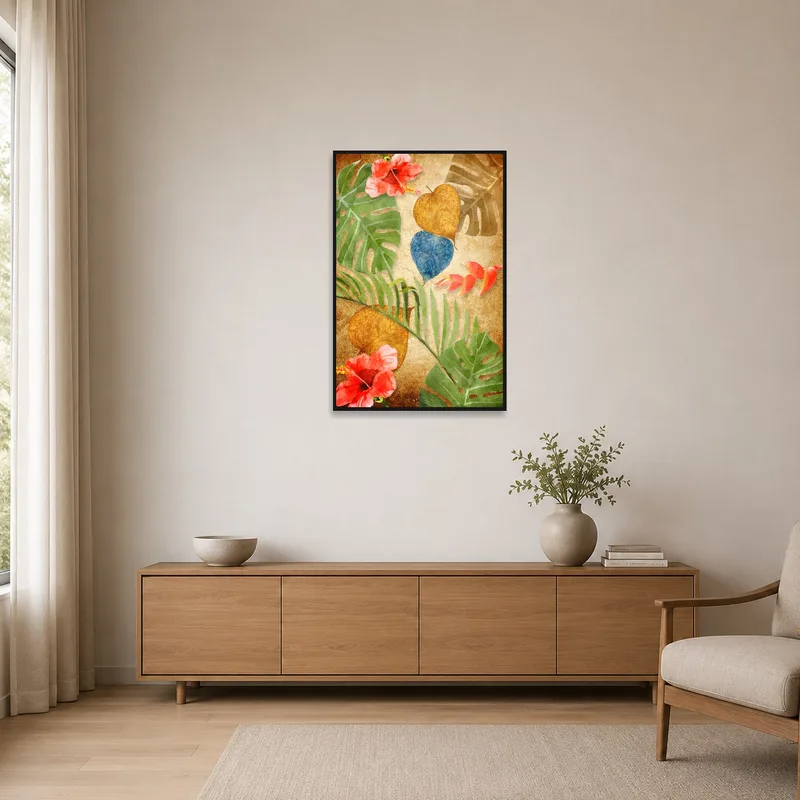 Botanical art with tropical leaves in a minimalist room setting.