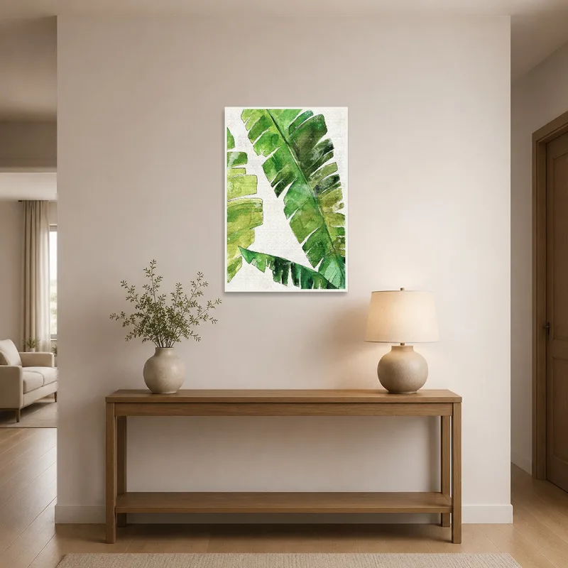 Banana leaves watercolor graces the entrance hall wall.