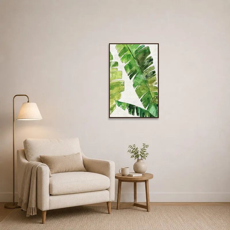 Tropical banana leaves art adds charm to a cozy reading corner.