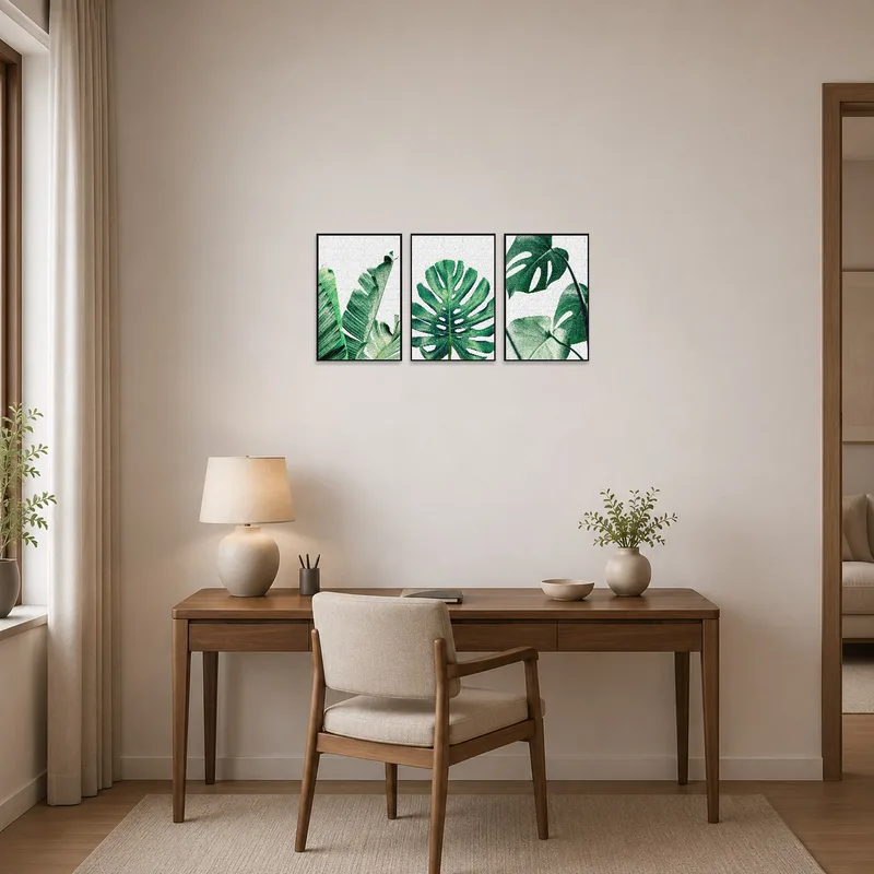 Tropical green leaf triptych art on a home-office wall creating a refreshing workspace.