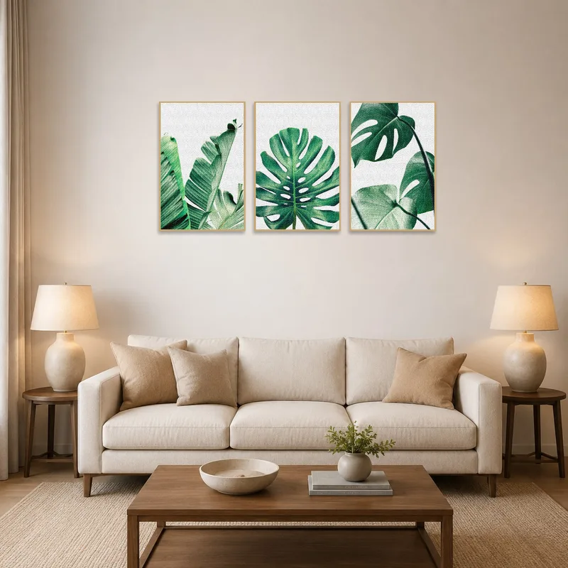 A set of tropical green leaf triptych art on a living room wall over a contemporary sofa.