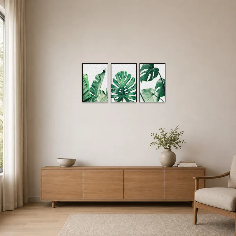 Tropical green leaf triptych art in a minimalist room with a clean and simple aesthetic.