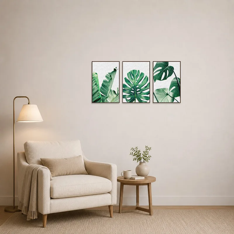Green leaf triptych art displayed in a cozy reading corner with a comfortable chair.