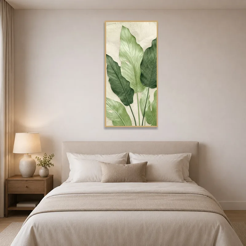 Bedroom with a relaxing tropical green leaf botanical print for a peaceful atmosphere.