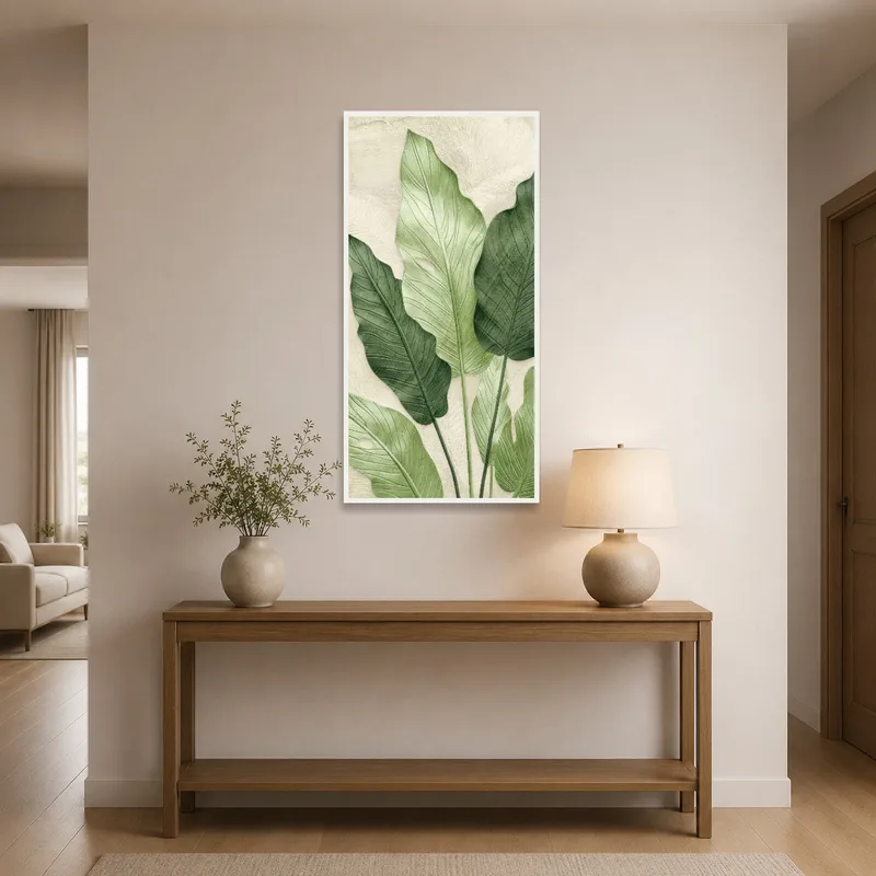 Entrance hall displaying a calming tropical green leaf botanical print.