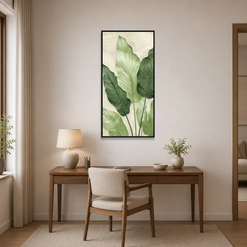 Home office complemented by a tropical green leaf botanical print, inspiring creativity.