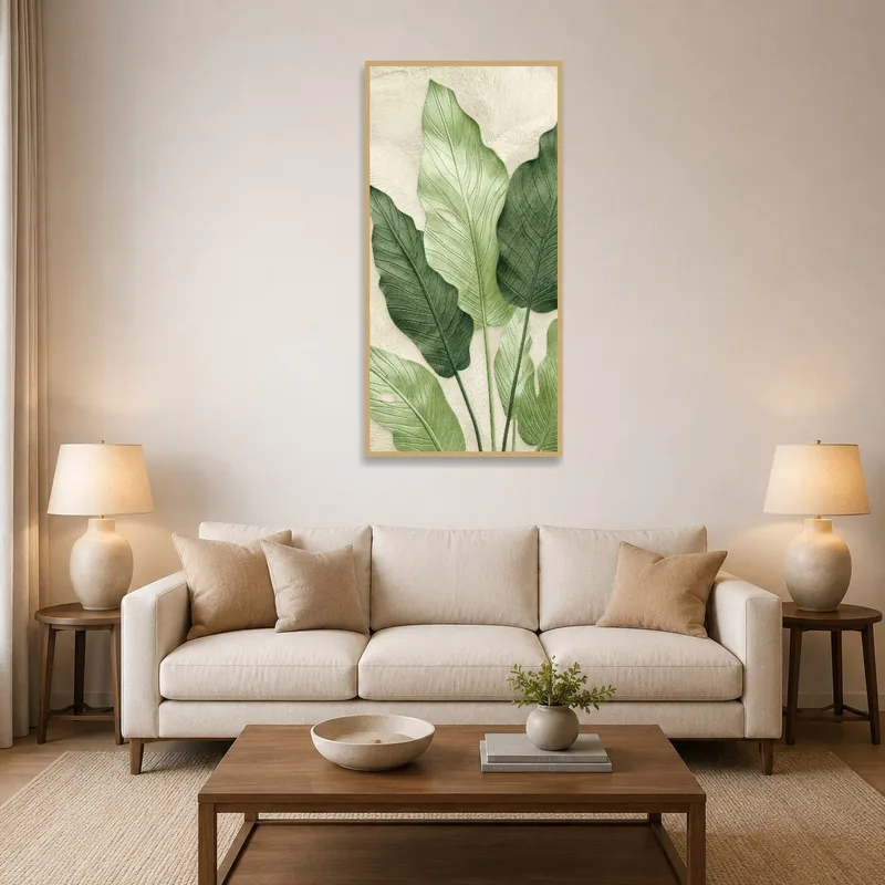 Tropical green leaf botanical print in a stylish living room with modern furniture.