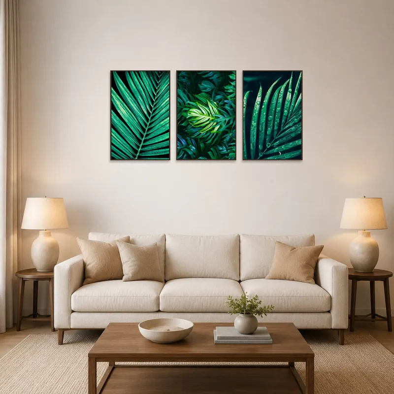 Tropical leaf textures triptych set in a living room setting with modern furniture and plants.