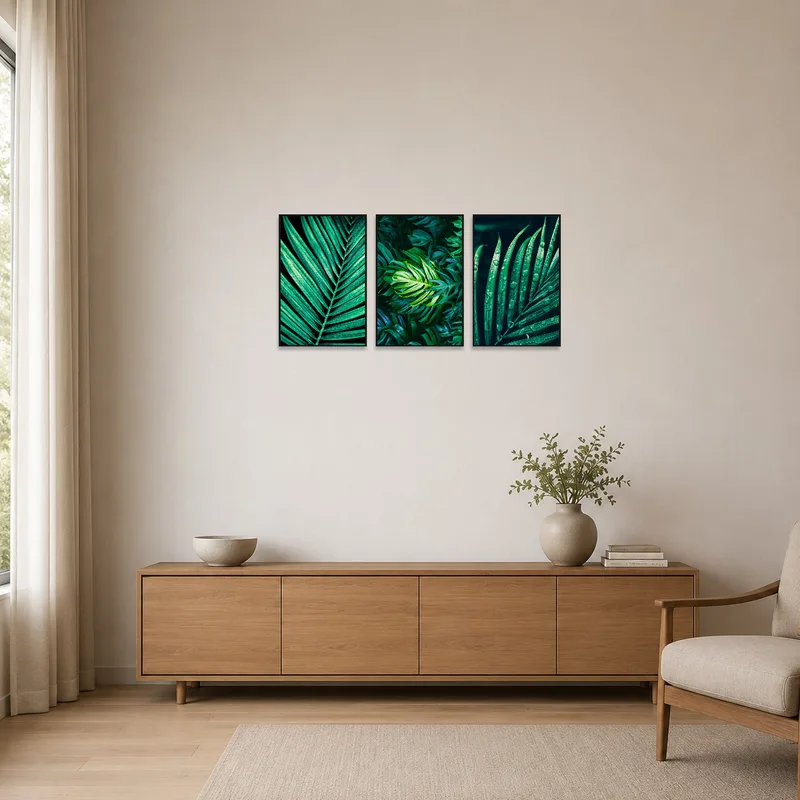 Simplistic room with minimal furniture showcasing the triptych of tropical leaf textures.