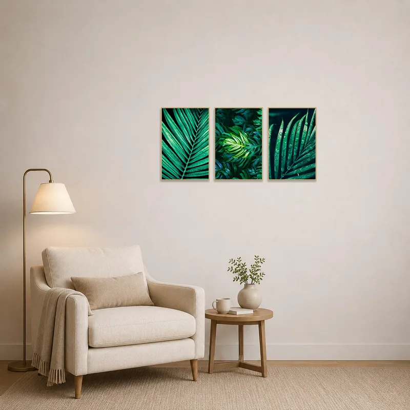 Cozy reading corner decorated with a vibrant tropical leaf textures triptych set.
