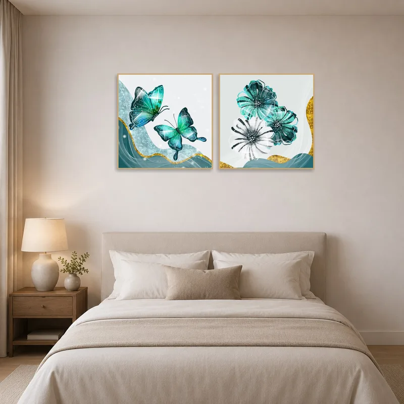 Bedroom wall displaying tranquil turquoise butterflies and floral design.