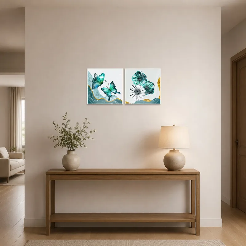 Elegant turquoise butterflies and blooms greet guests in the entrance hall.