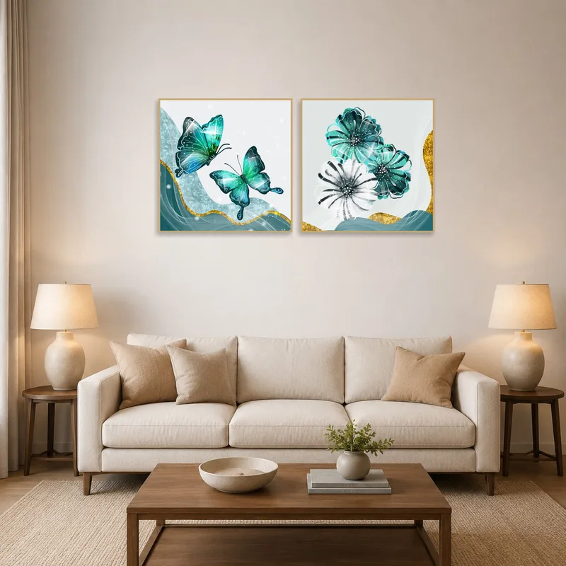 Turquoise butterflies and florals adorn a living room wall above a contemporary sofa.