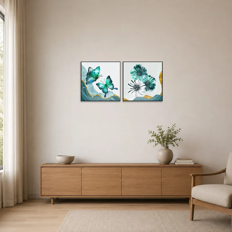 Minimalist space showcasing turquoise butterflies and floral touches against a clean backdrop.