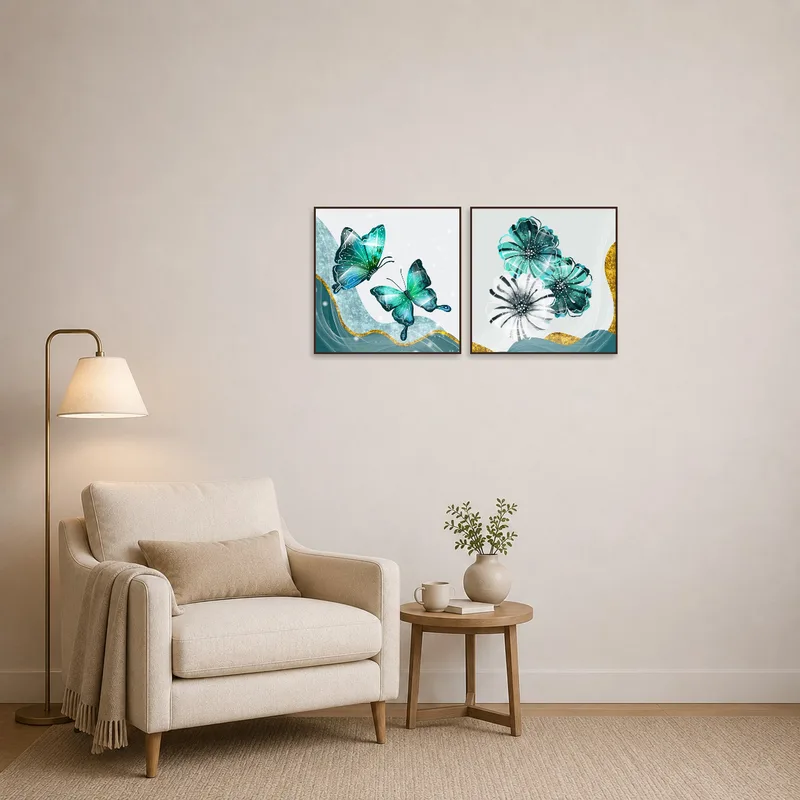 Reading corner enlivened by turquoise butterflies and floral beauty.