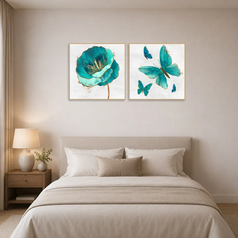 Turquoise floral art set creates a soothing mood in the bedroom.