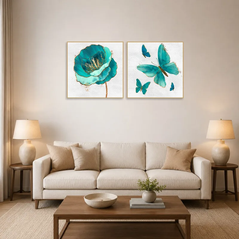 Turquoise floral and butterfly art set brightens a cozy living room wall.